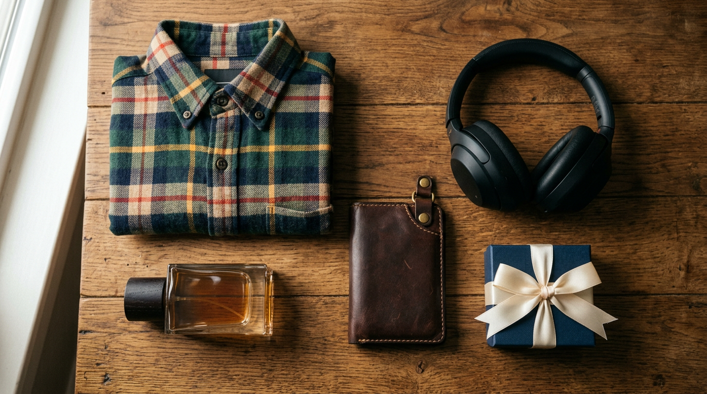 Flatlay editorial de kit-presente de Dia dos Pais sobre balcao de madeira: camisa xadrez, perfume, carteira, fones e caixa com laco.